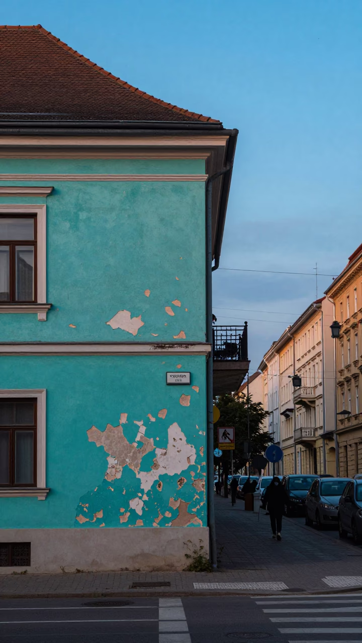 Budapest Blue Hour Street Scene with Peeling Turquoise Paint and Urban Life in in Budapest, Hungary
