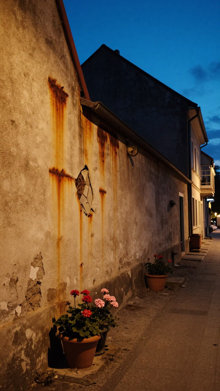 Budapest Blue Hour Street Scene with Rusty Walls and Potted Geraniums in in Budapest, Hungary