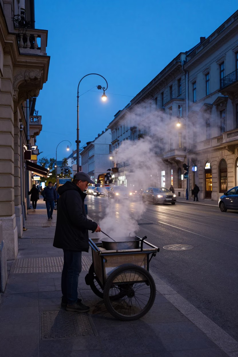 Budapest Blue Hour Street Scene with Steam and Vintage Details in in Budapest, Hungary