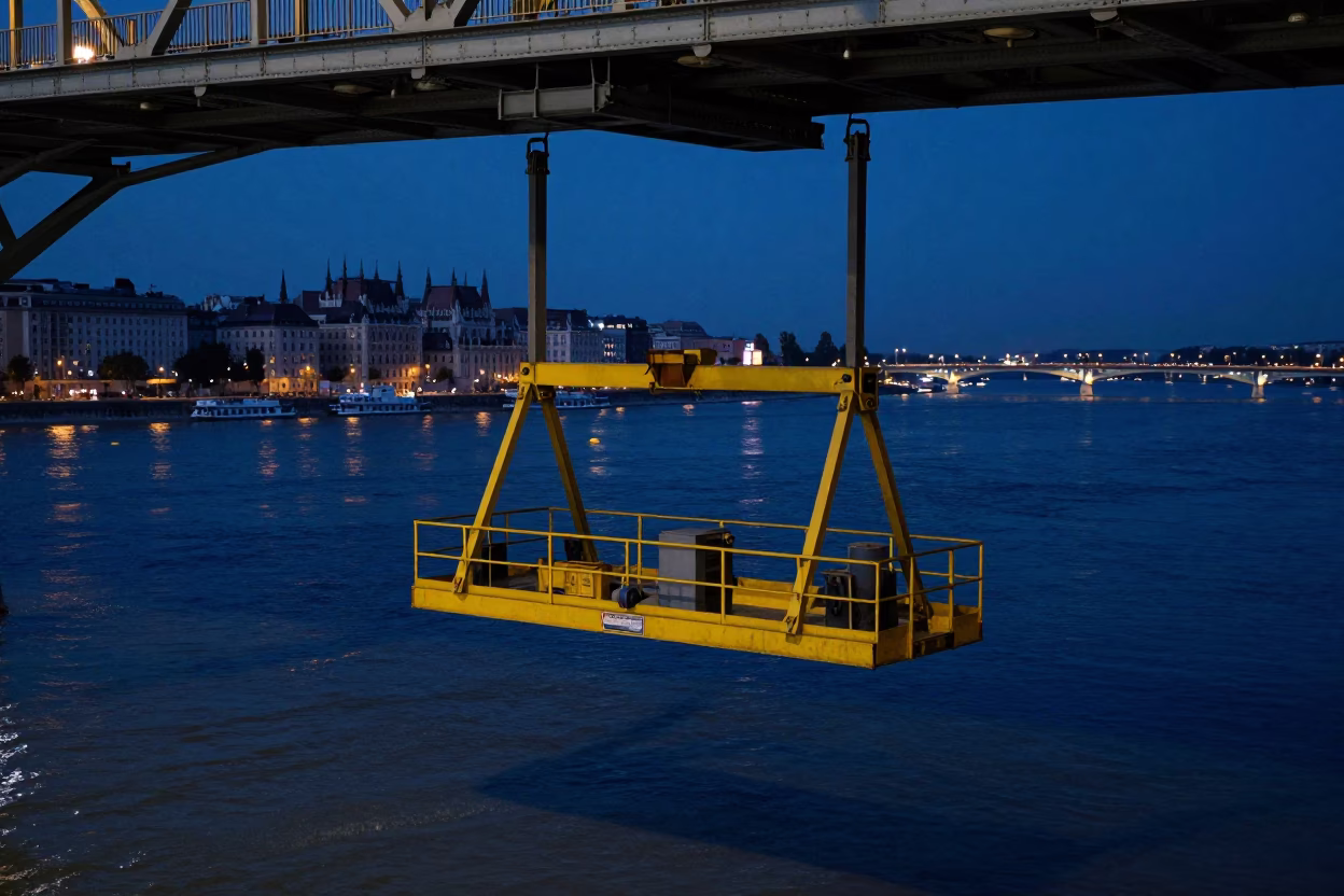 Budapest Bridge Maintenance Cradle Hanging Over Danube River at Midnight in in Budapest, Hungary