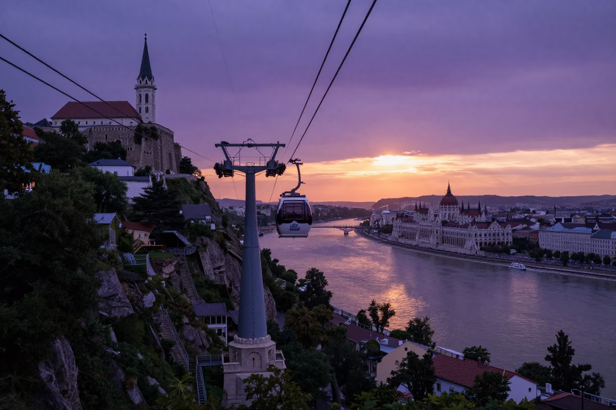 Budapest Buda Castle cable car crossing Danube valley at sunset in in Budapest, Hungary