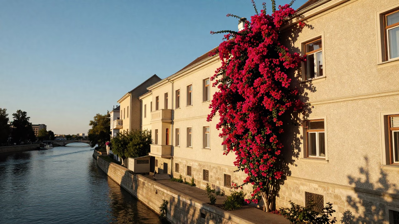 Budapest Buda Hills Late Afternoon Light Bougainvillea and Canal Scene in in Budapest, Hungary