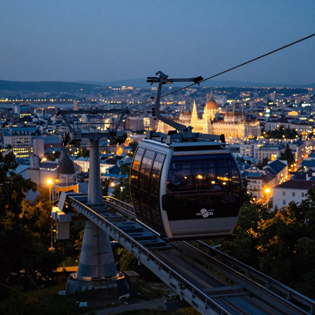 Budapest Cable Car at Twilight Illuminated by City Lights and Urban Infrastructure in in Budapest, Hungary