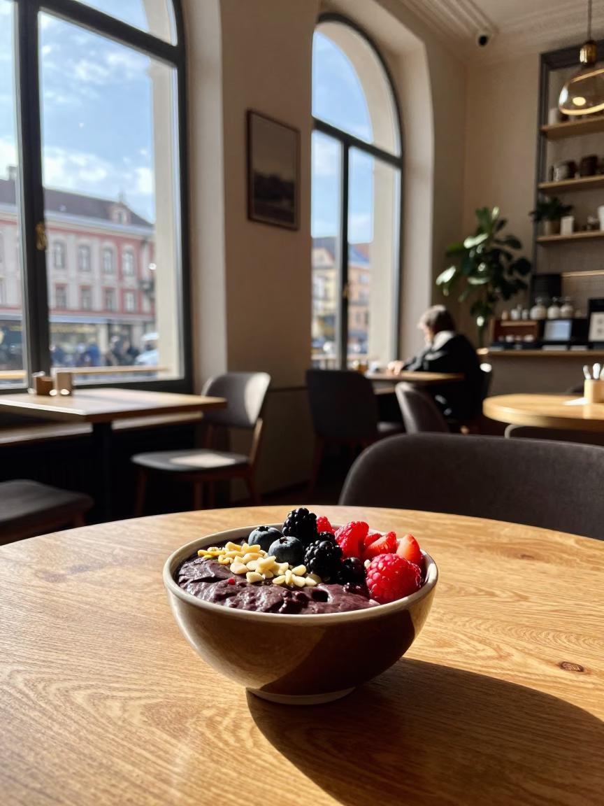 Budapest Cafe Interior Late Afternoon Light with Acai Bowl and Chalkboard Menu in in Budapest, Hungary
