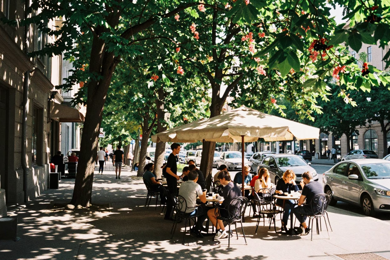Budapest Café Terrace Afternoon Light and Local Street Scene in in Budapest, Hungary