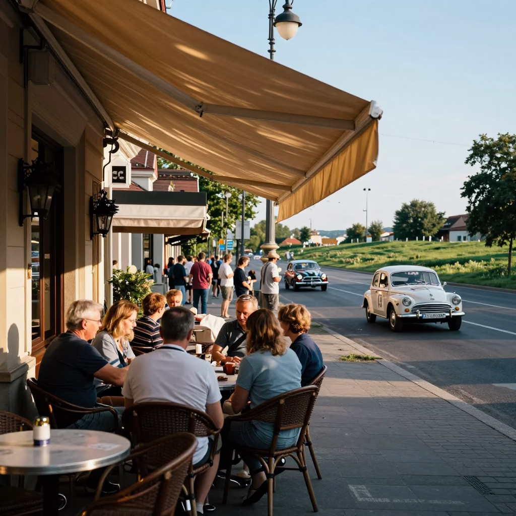 Budapest Cafe Terrace Afternoon Light with Vintage Car Rally Spectators in in Budapest, Hungary