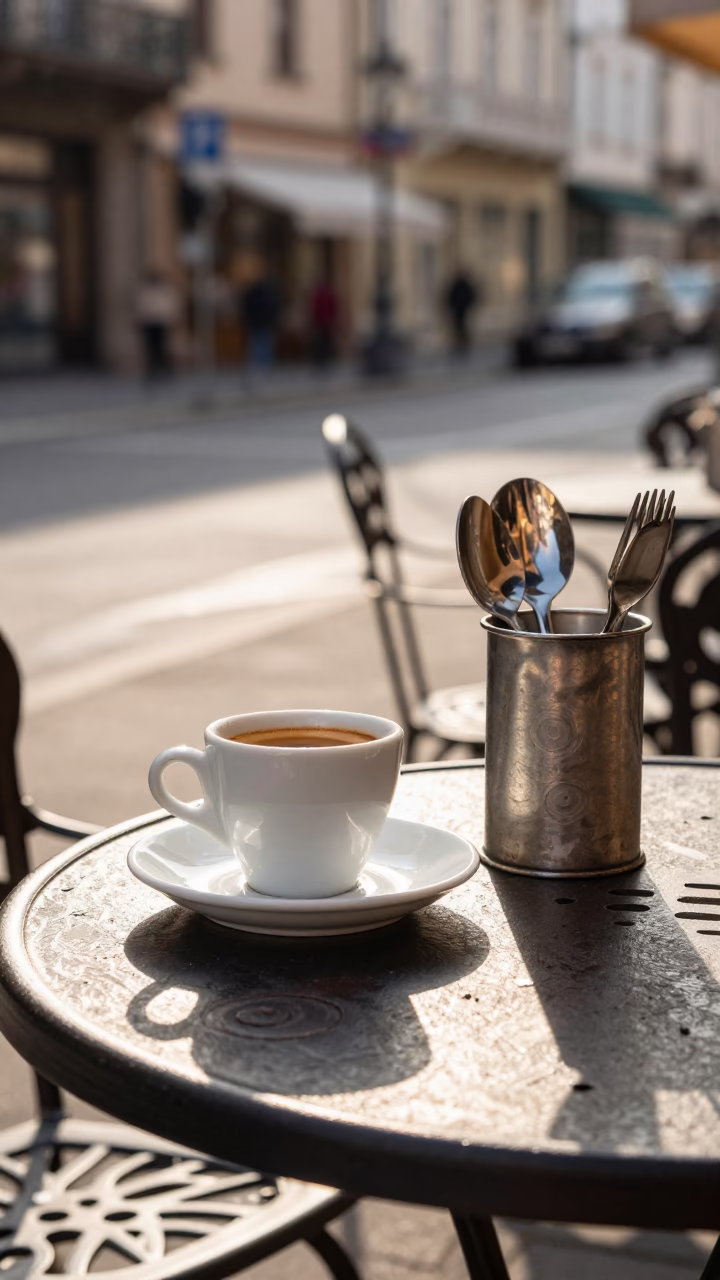 Budapest Cafe Terrace Espresso Cup and Utensil Crock in Clear Late Afternoon Light in in Budapest, Hungary