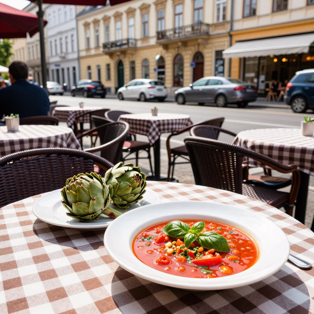 Budapest Cafe Terrace with Artichokes and Minestrone in Bright Midmorning Light in in Budapest, Hungary