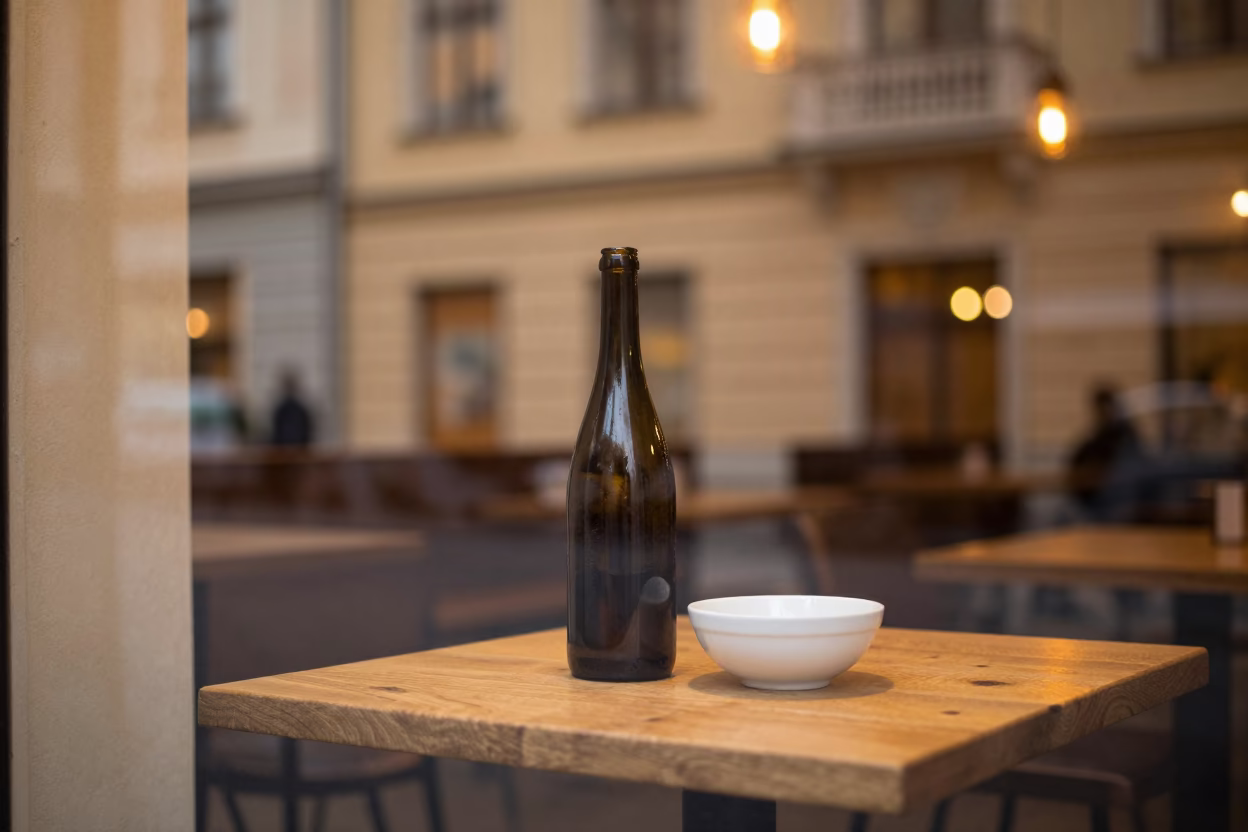Budapest Cafe Window Reflections With Bottle And Ceramic Bowl At Dusk in in Budapest, Hungary