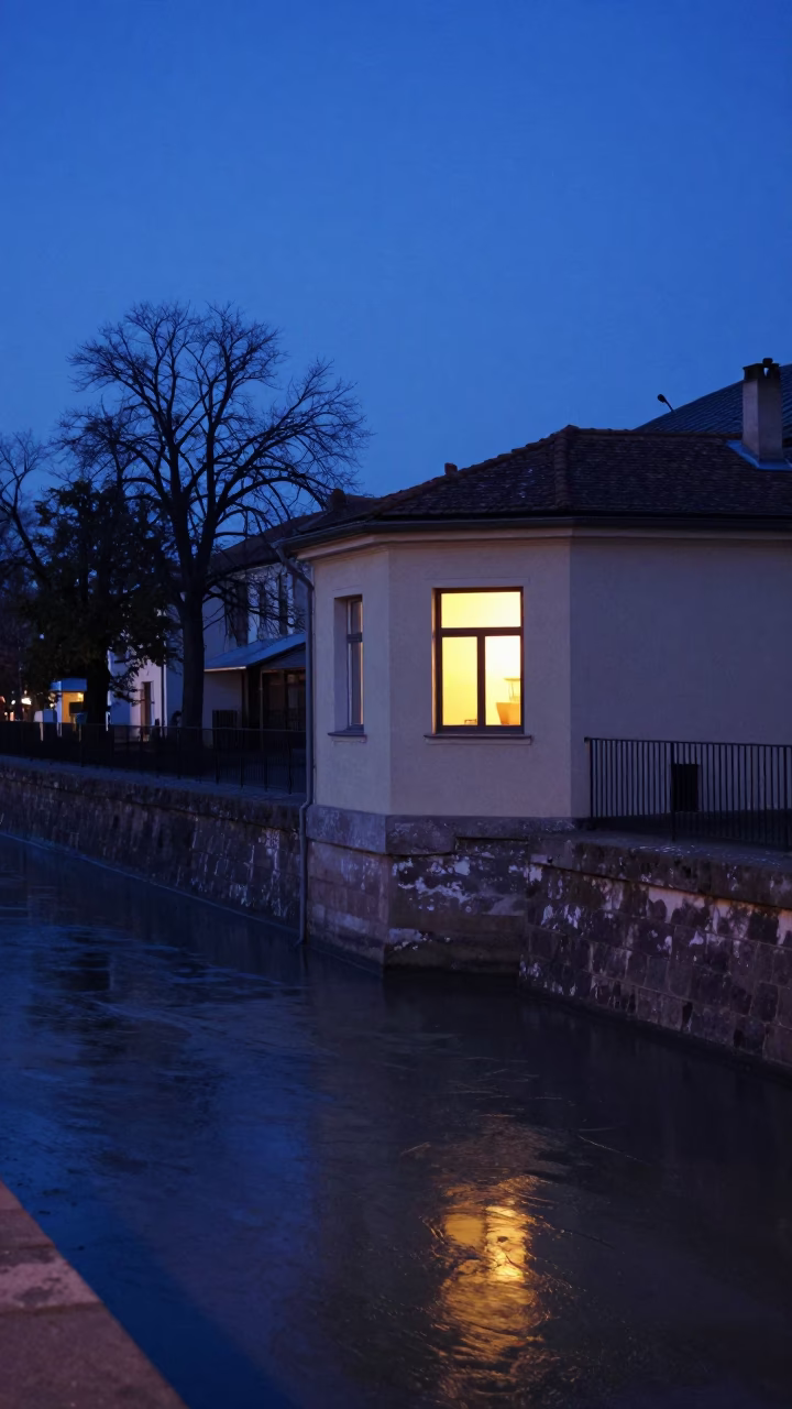 Budapest Canal Scene at Indigo Twilight After Sunset in in Budapest, Hungary