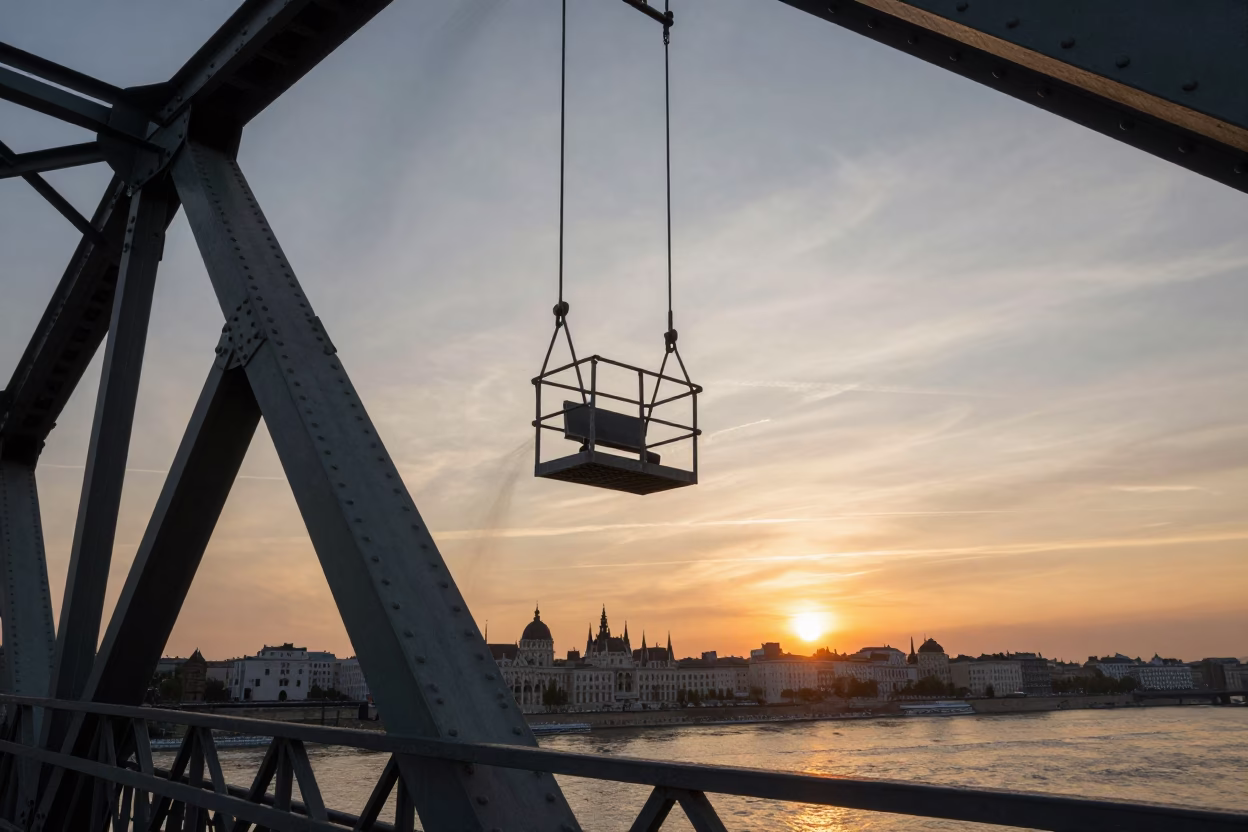 Budapest Chain Bridge Maintenance Cage Swinging in Sunset Crosswind Over Danube River in in Budapest, Hungary