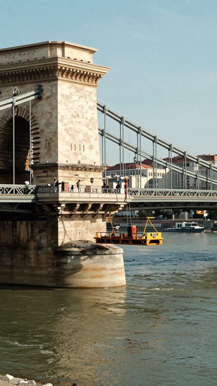 Budapest Chain Bridge Maintenance Cradle Over Danube River in Late Afternoon Light in in Budapest, Hungary