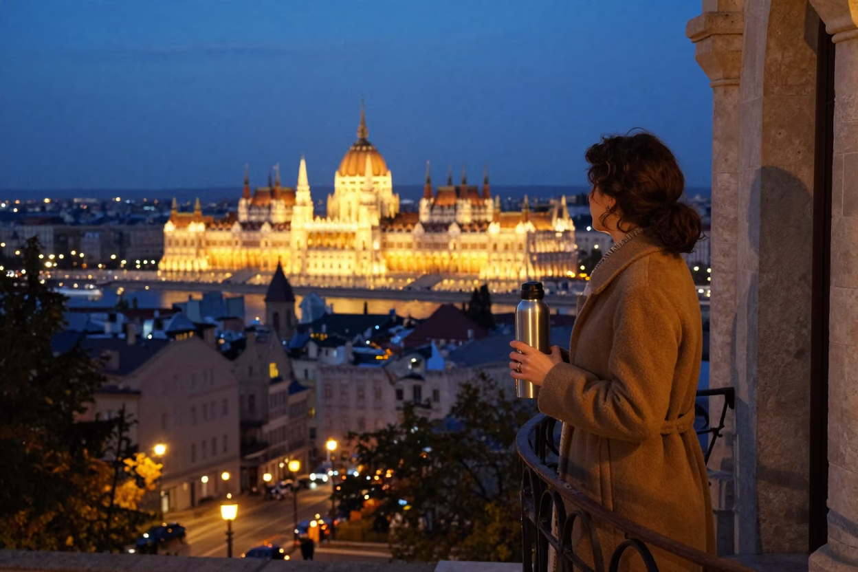 Budapest City Lights Glow as Woman Holds Thermos on Historic Street Corner at Dusk in in Budapest, Hungary