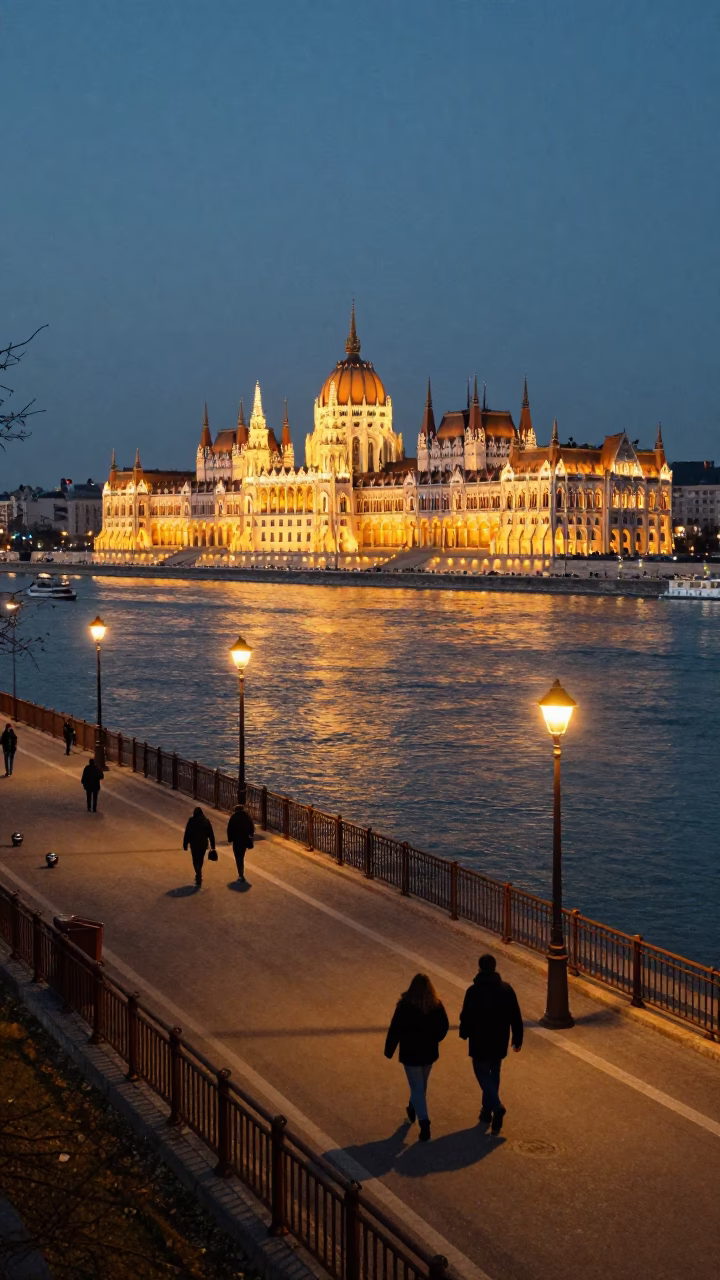Budapest City Lights Glow Over Historic Danube Riverbank and Evening Pedestrians in in Budapest, Hungary
