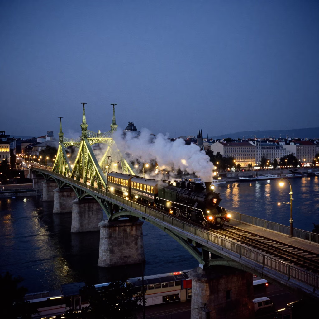 Budapest City Lights Glow Over Railway Viaduct With Steam Train Crossing Arches at Dusk in in Budapest, Hungary