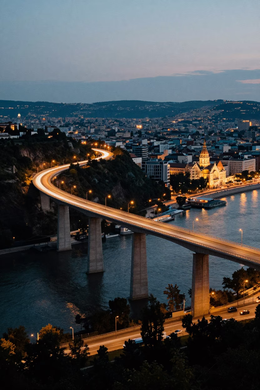 Budapest City Lights Glowing Over Concrete Viaduct and River Scene at Dusk in in Budapest, Hungary