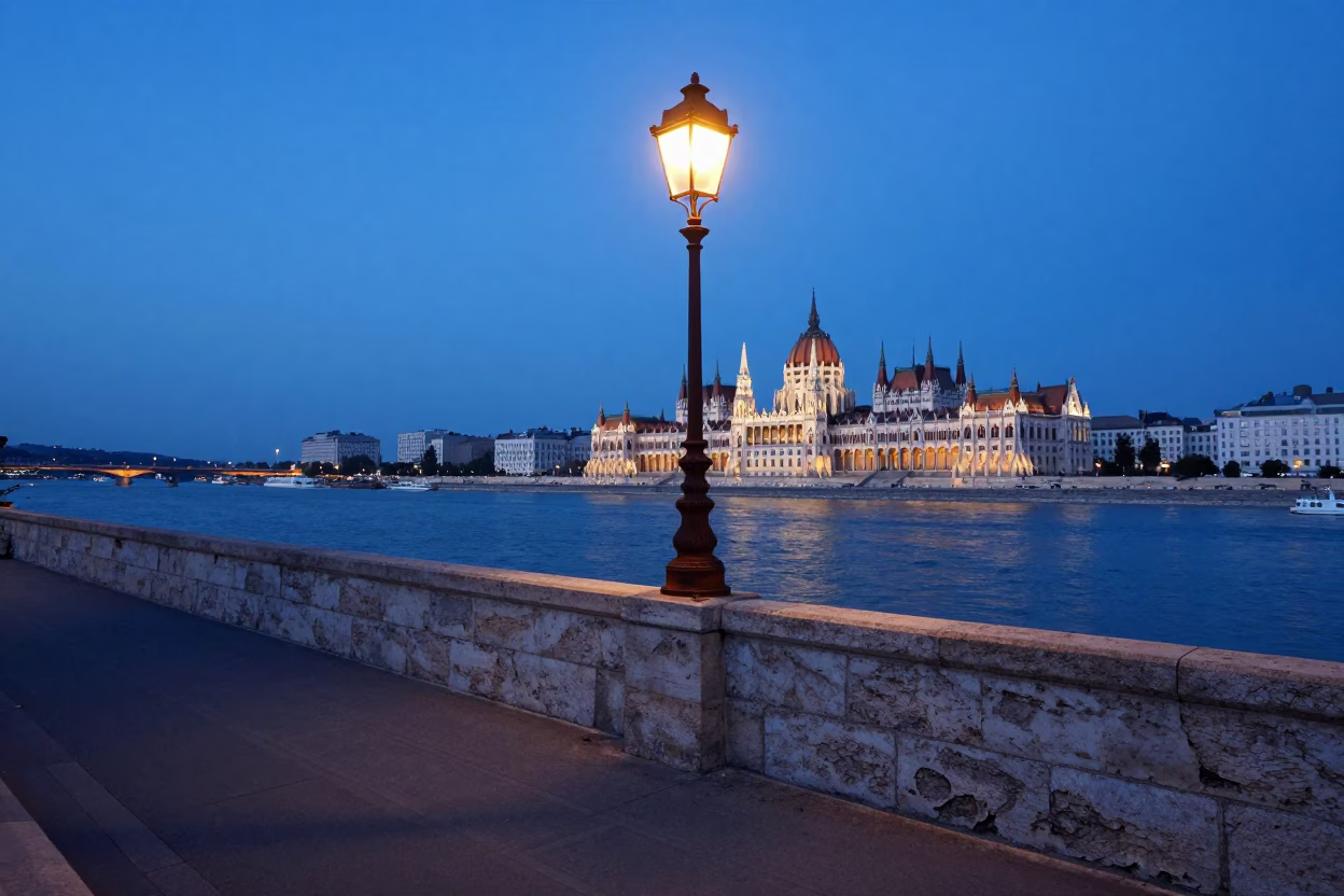 Budapest Danube Promenade at Blue Hour with Rusty Lamp Post and City Lights in in Budapest, Hungary