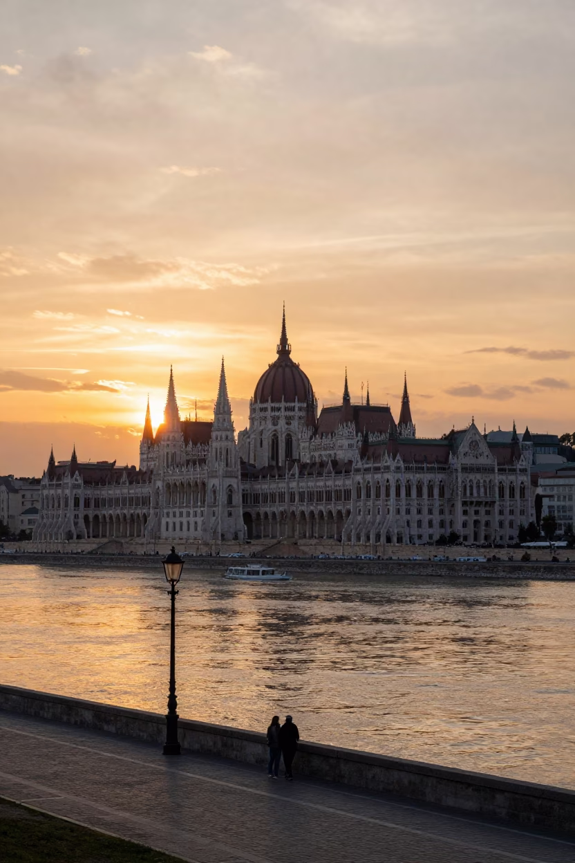 Budapest Danube Promenade at Sunset with Historic Architecture and Evening Pedestrians in in Budapest, Hungary