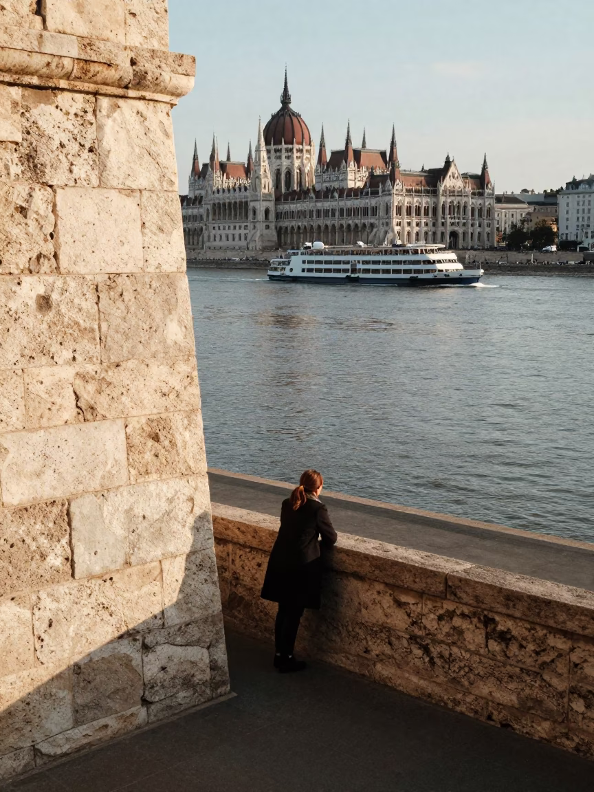 Budapest Danube Promenade Late Afternoon Stone Wall and Urban Life in in Budapest, Hungary