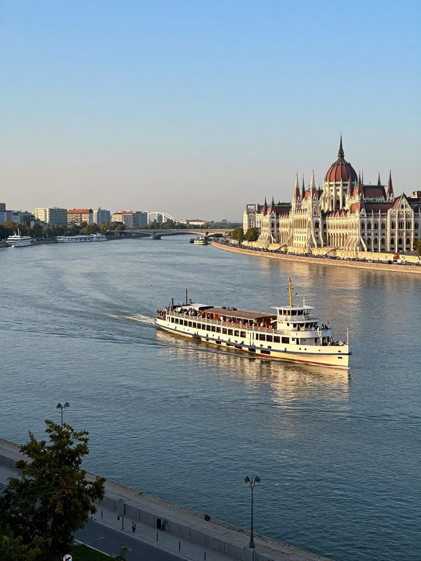 Budapest Danube River Bend View with Steamboat and Clear Late Afternoon Light in in Budapest, Hungary