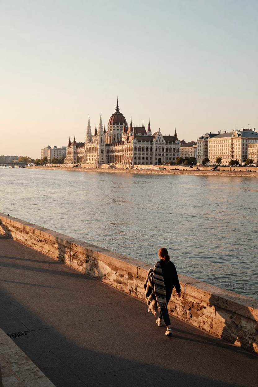 Budapest Danube Riverbank at Golden Hour with Historic Architecture and Urban Life in in Budapest, Hungary