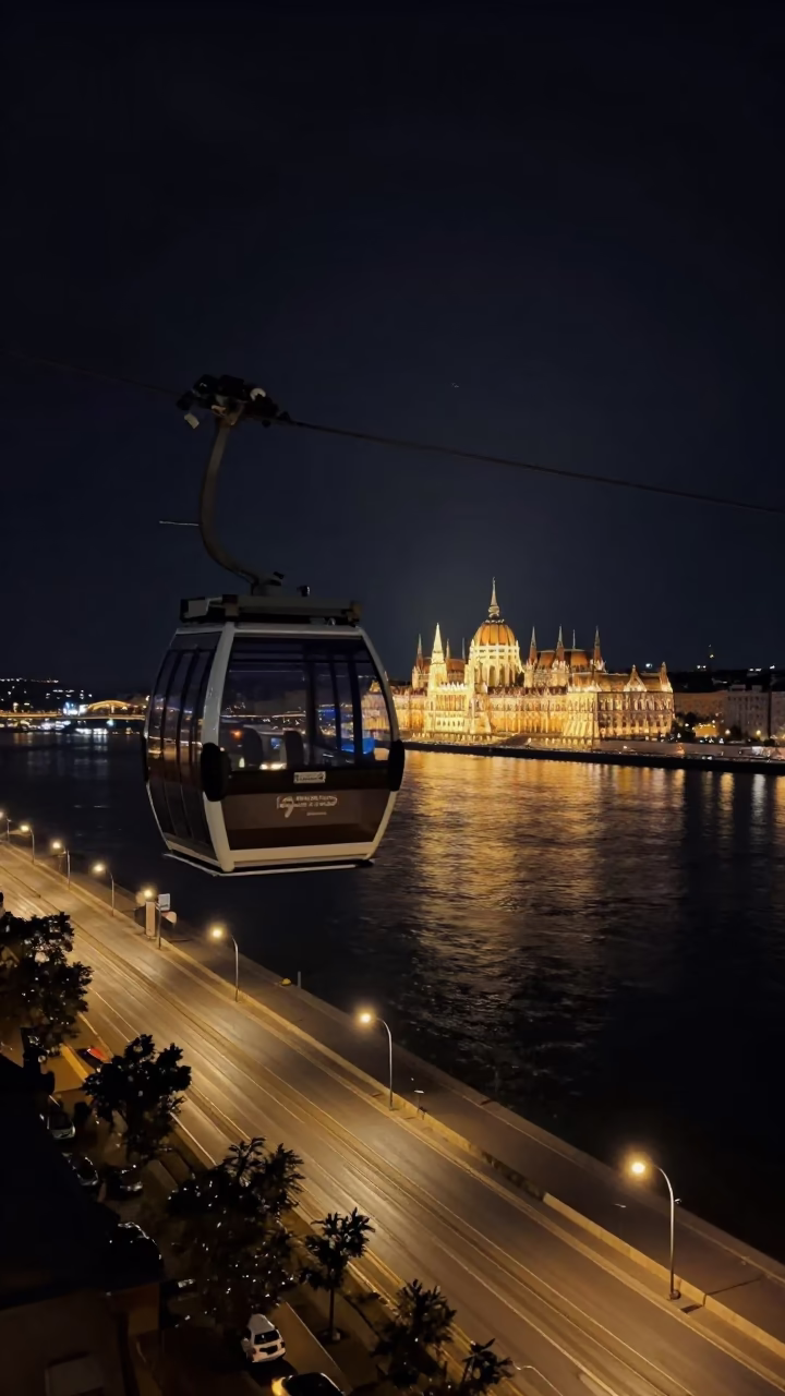 Budapest Danube Riverbank at Night with Tramway Gondola and City Lights in in Budapest, Hungary
