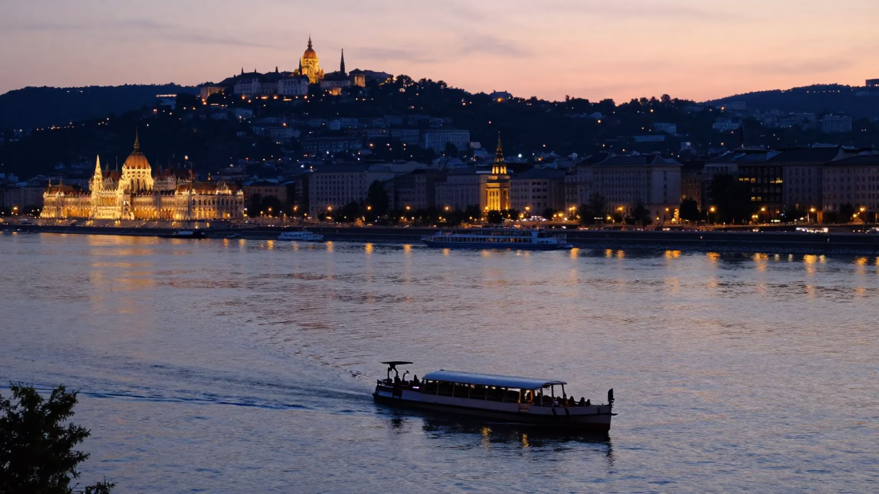 Budapest Danube Riverbank at Twilight with Gondola Ferry and City Lights in in Budapest, Hungary