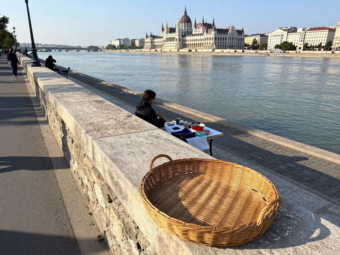 Budapest Danube Riverbank Midmorning Street Scene with Wicker Tray and Mineral Ring Glass in in Budapest, Hungary
