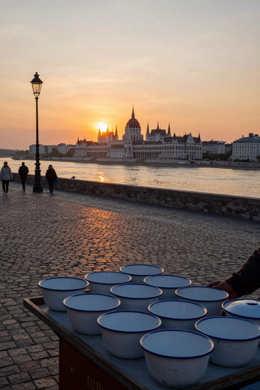 Budapest Danube Sunset Street Scene with Enamel Bowls and Vintage Life in in Budapest, Hungary