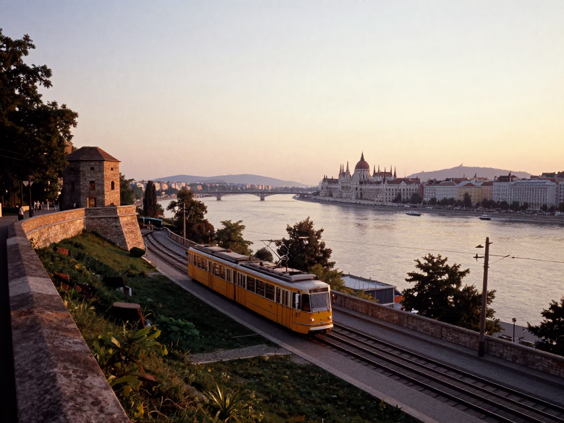 Budapest Danube Sunset View from Castle Hill with Tram and Historic Architecture in in Budapest, Hungary
