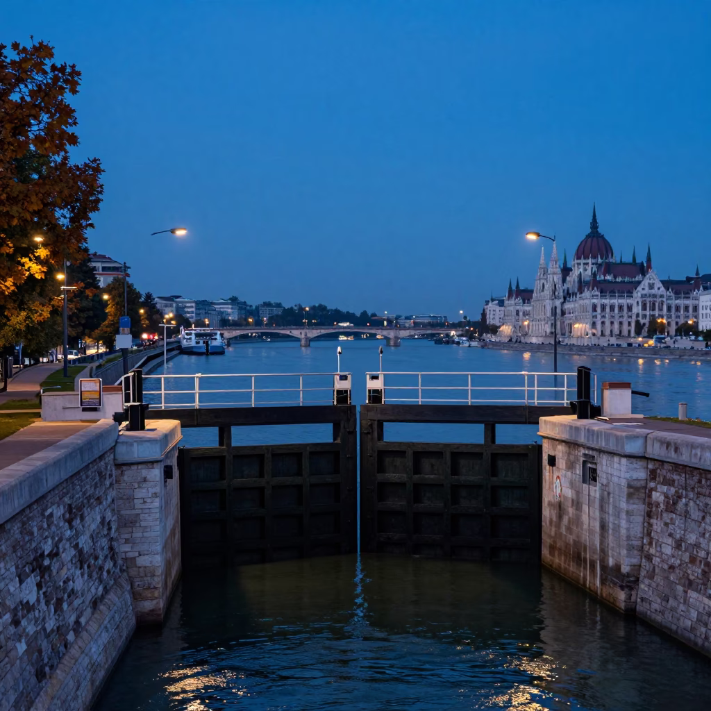 Budapest Danube Twilight Canal Lock Gates with Autumn Maple Leaves and Hibiscus in in Budapest, Hungary
