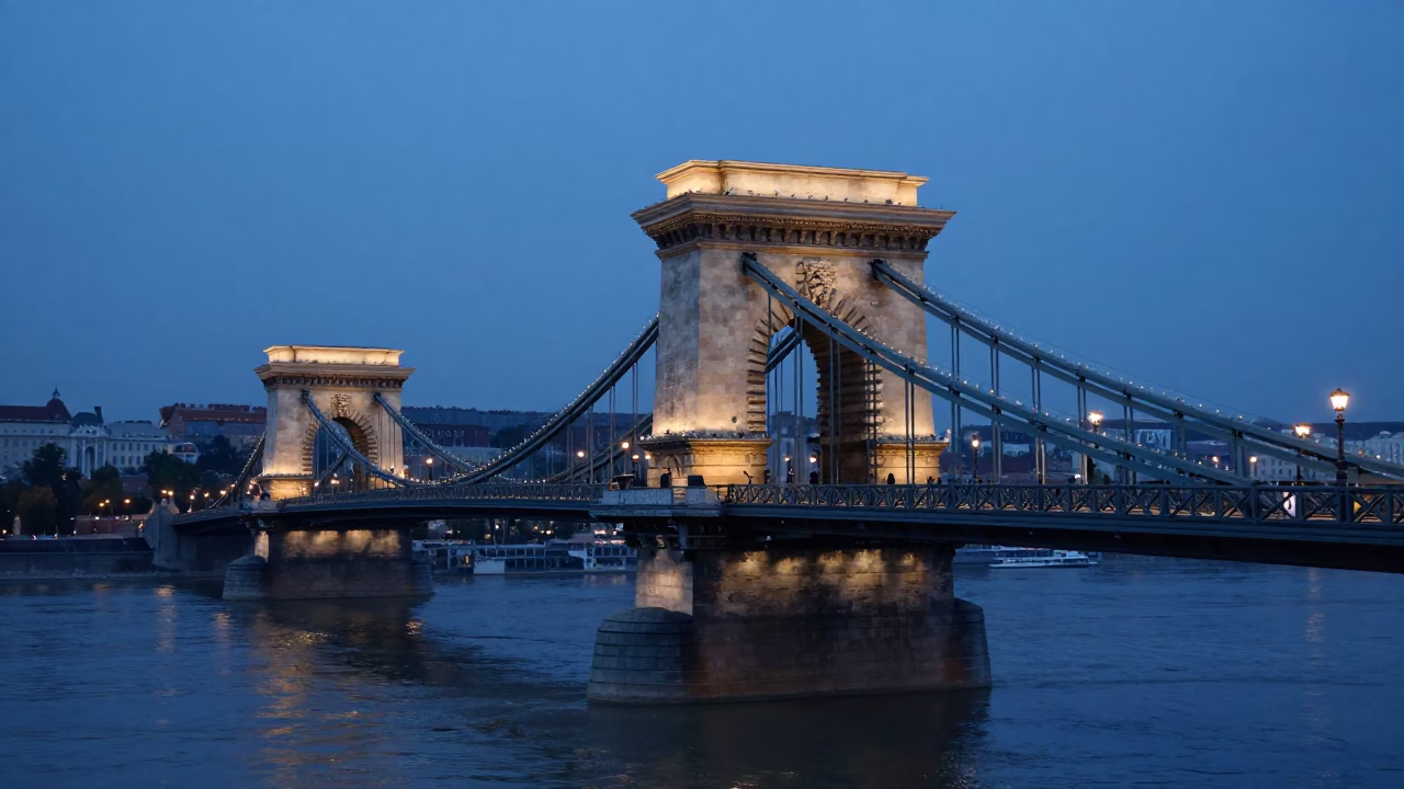 Budapest Dawn Light on Chain Bridge with Sleeper Train Windows and Urban Activity in in Budapest, Hungary