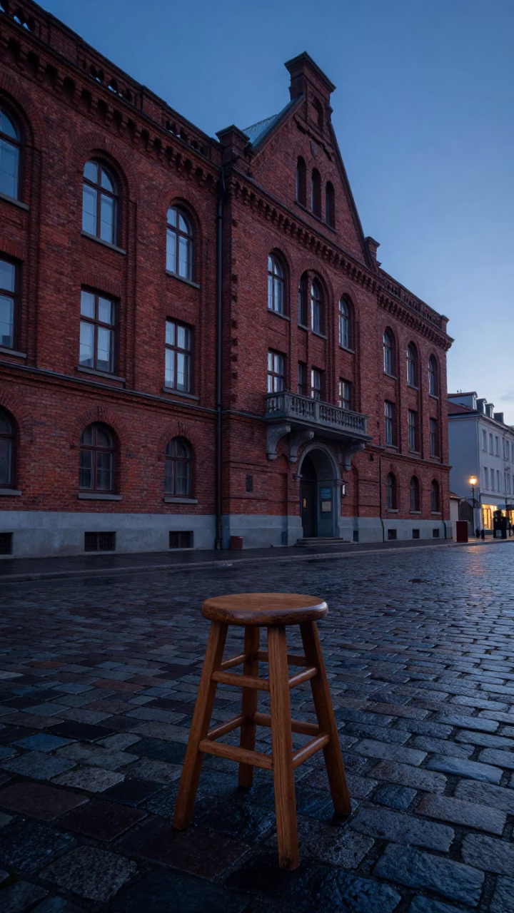 Budapest Dawn Stool Outside Red Brick Building Before Sunrise in in Budapest, Hungary