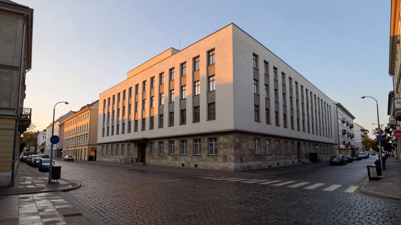 Budapest Dawn Street Scene with Bauhaus Architecture and Local Market Goods in in Budapest, Hungary