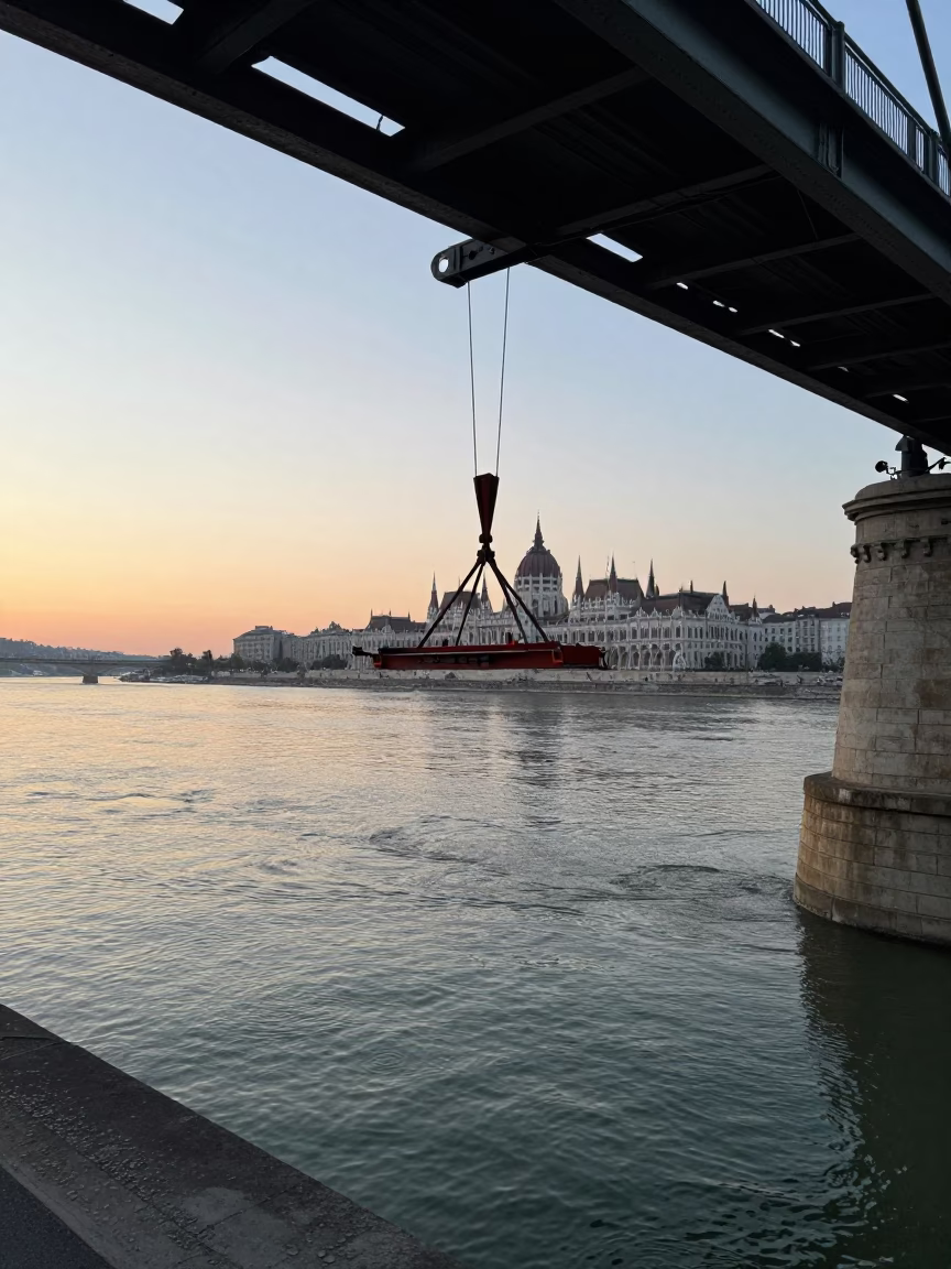 Budapest Dawn Street Scene with Bridge Maintenance Cradle and River Barge in in Budapest, Hungary