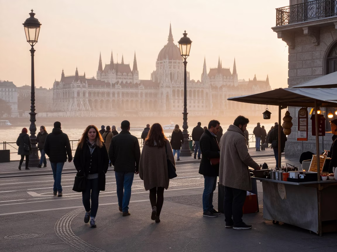 Budapest Dawn Street Scene with Cardigans and Urban Details at First Light in in Budapest, Hungary