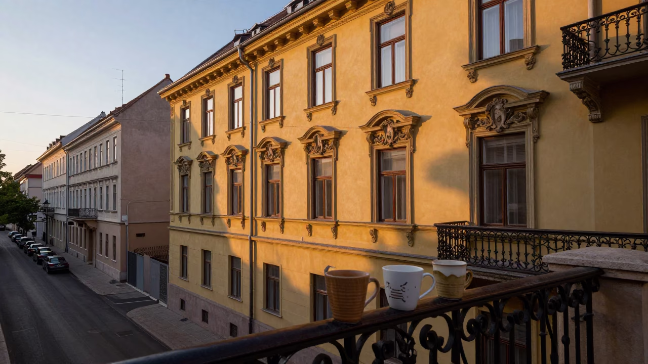 Budapest Dawn Street Scene with Ceramic Mugs and Espresso Cup on Balcony in in Budapest, Hungary