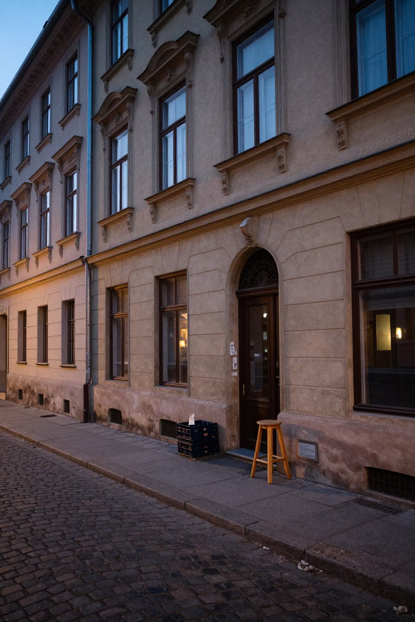 Budapest Dawn Street Scene with Crate and Work Stool in in Budapest, Hungary