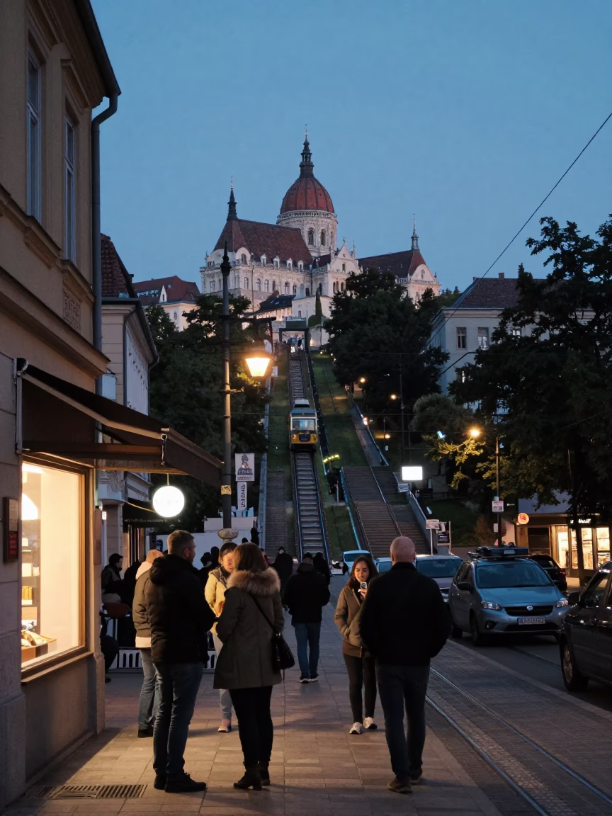 Budapest dawn street scene with funicular climbing steep hill before sunrise in Hungary in in Budapest, Hungary