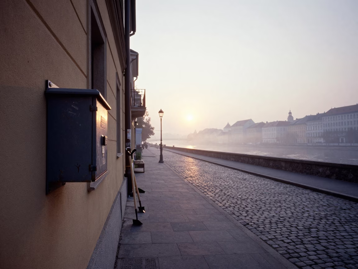 Budapest Dawn Street Scene with Lockbox and Boot Scraper in in Budapest, Hungary