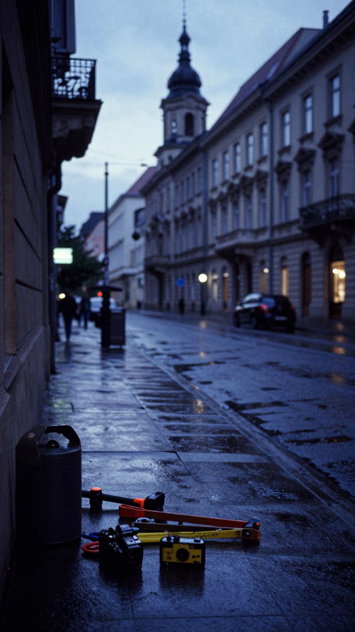 Budapest dawn street scene with maintenance tools and wet pavement in in Budapest, Hungary