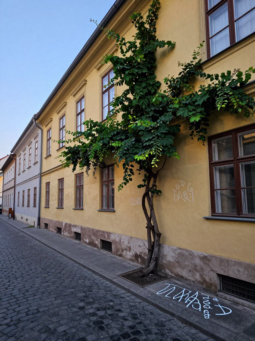 Budapest Dawn Street Scene with Vine and Dressmaker Chalk Near Historic Architecture in in Budapest, Hungary