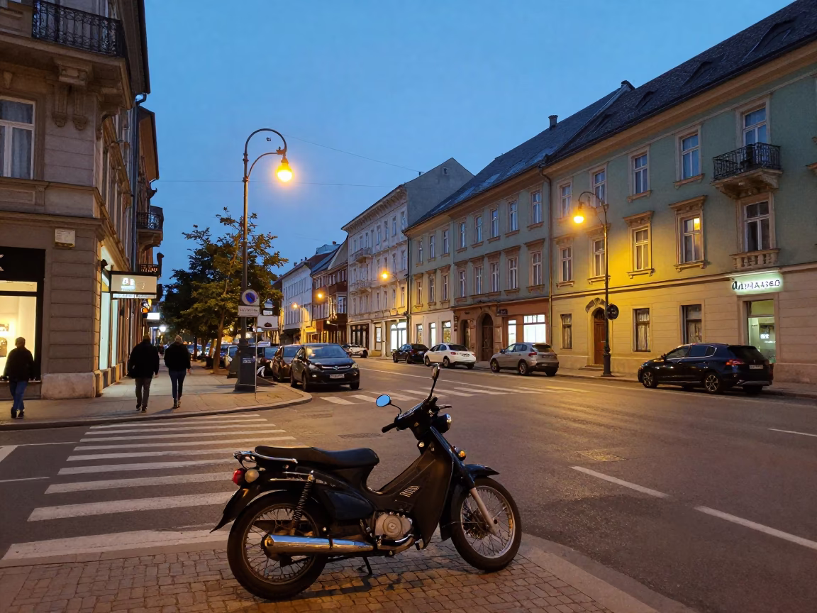 Budapest Dawn Street Scene with Vintage Motorcycle and Colorful Glass Bottle in in Budapest, Hungary