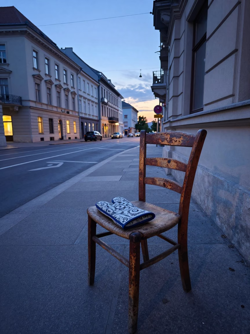Budapest Dawn Street Scene with Vintage Oven Mitt and Rusty Chair Near Danube in in Budapest, Hungary