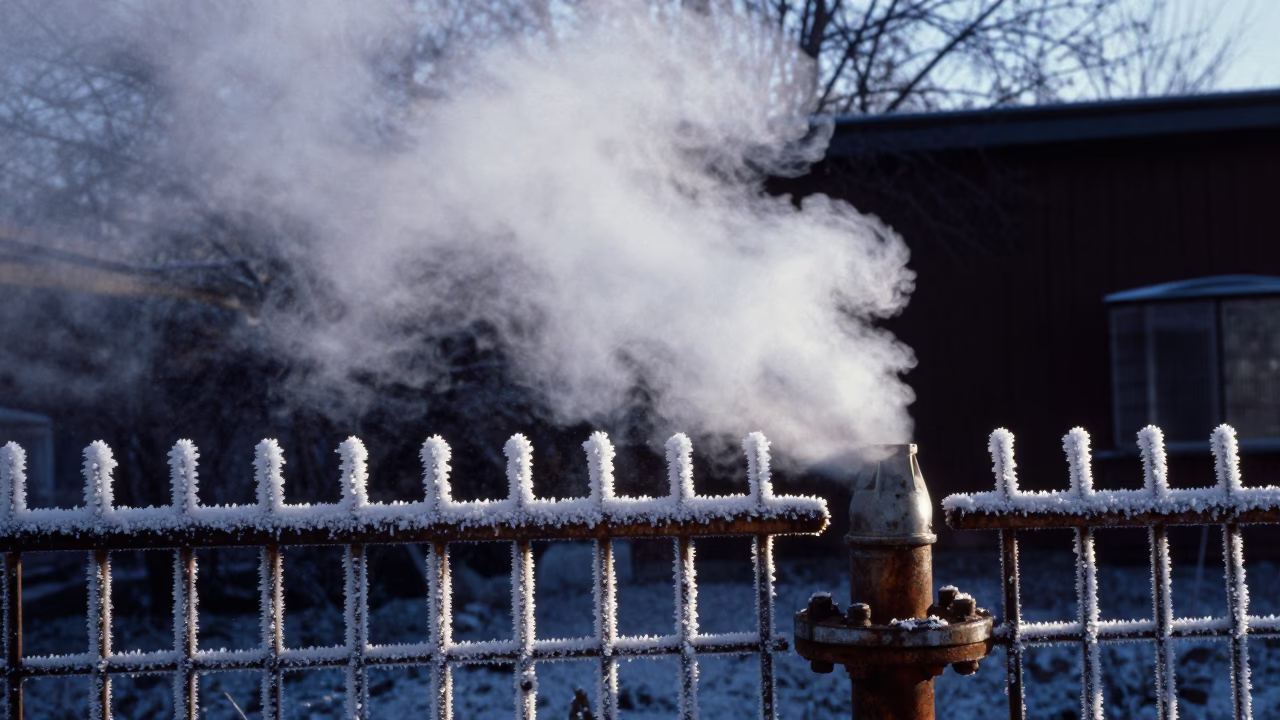 Budapest District Heating Pipe Steaming Behind Frost Coated Fencing in Predawn Darkness in in Budapest, Hungary
