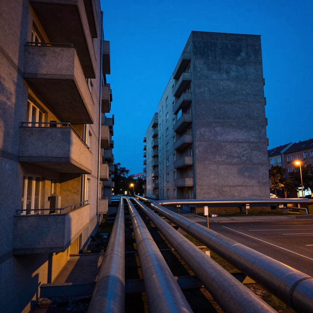 Budapest District Heating Pipes Crossing Between Apartment Blocks Under Evening Blue Light in in Budapest, Hungary