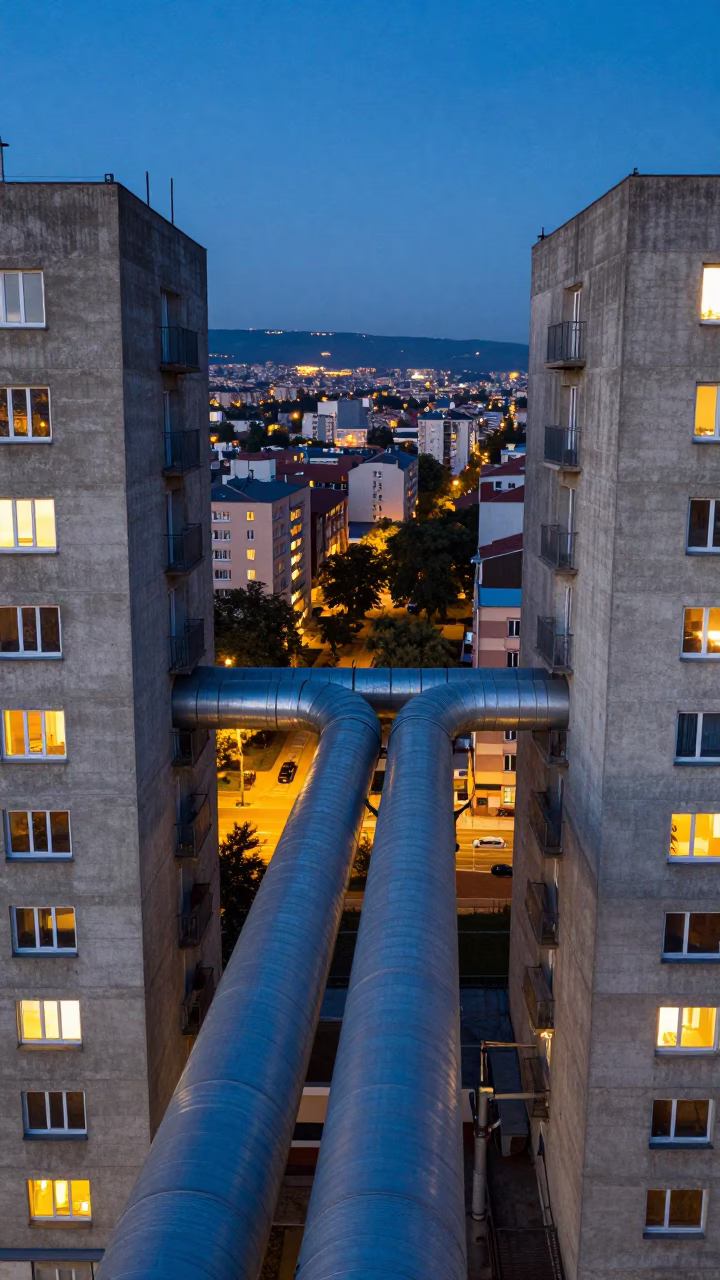 Budapest District Heating Pipes Crossing Between Concrete Apartment Blocks at Dusk in in Budapest, Hungary