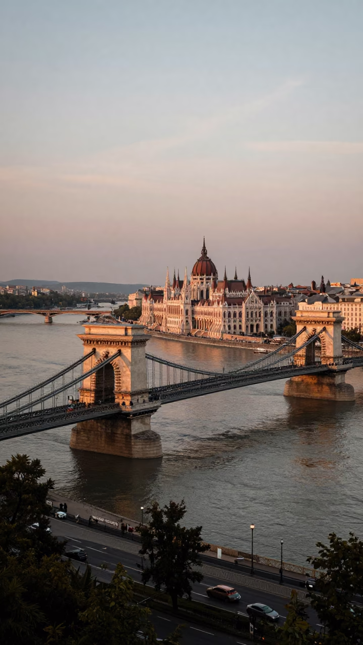 Budapest Dusk Horizon View of Danube River and Chain Bridge in Copper Light in in Budapest, Hungary
