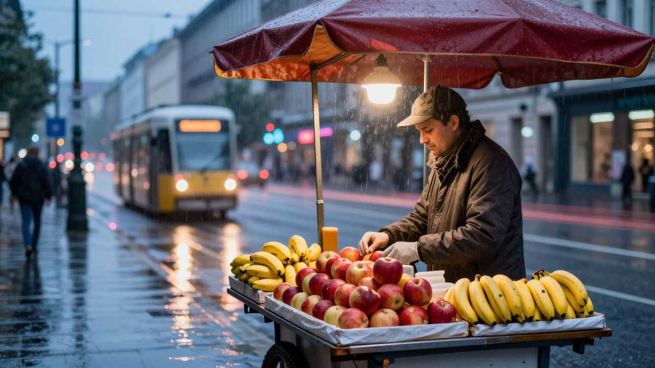 Budapest Dusk Rain Street Vendor Sells Fresh Fruit Under Umbrella in in Budapest, Hungary