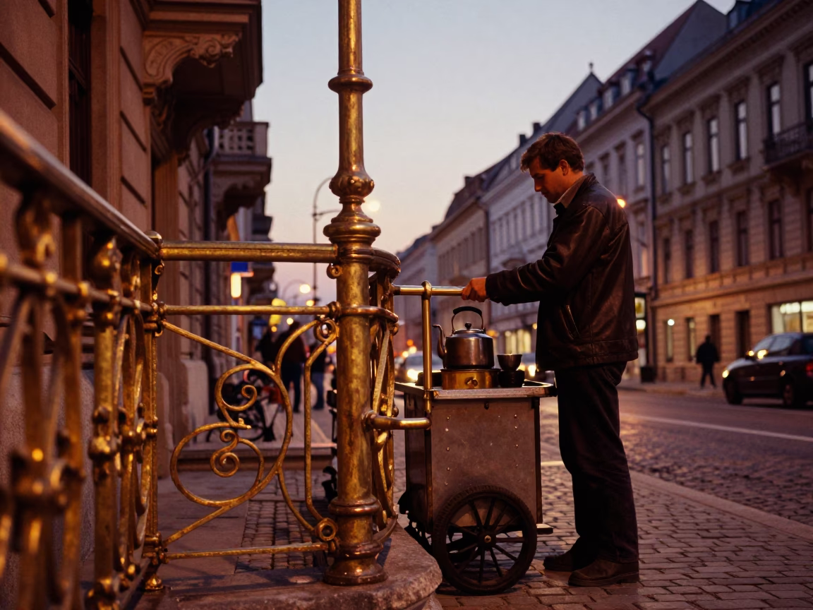 Budapest Dusk Street Scene with Brass Rail and Kettle in in Budapest, Hungary